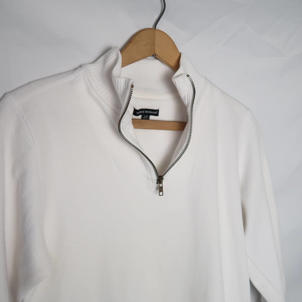 Debbie Morgan white ribbed knit 1/4 zip pullover sweater L - Picture 5 of 8